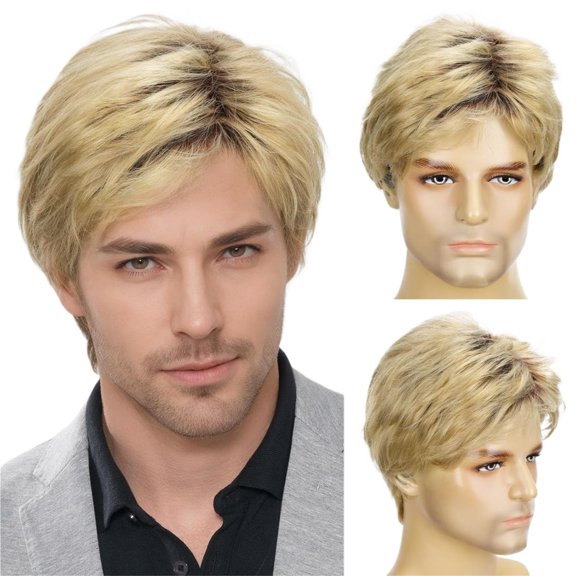 Men's Business Short Hair Wig, Workplace Commuting Diagonal Split Head Set Breathable, lightweight