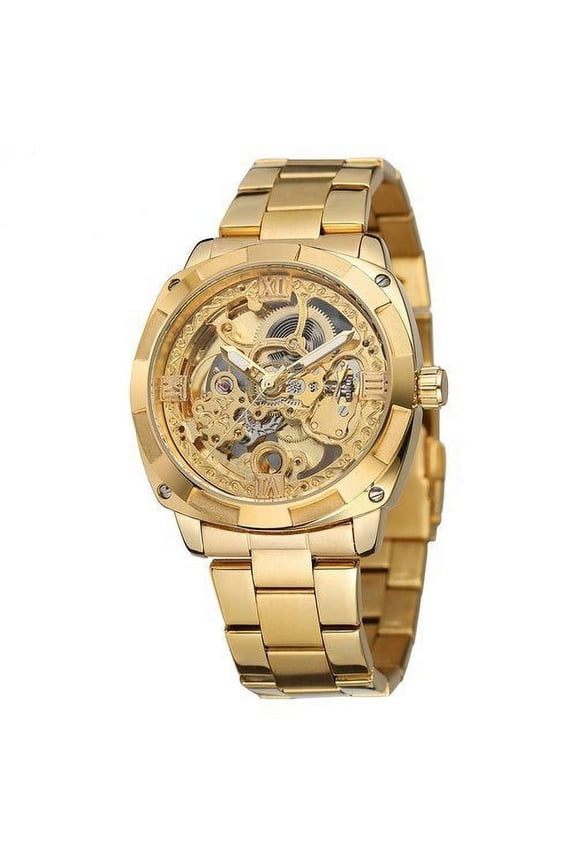 Men's Business Style Mechanical Watch - Luxury Full Golden Stainless Steel, Transparent Skeleton Dial, Luminous Hands, 30M Waterproof, Round Shape, Mechanical Drive