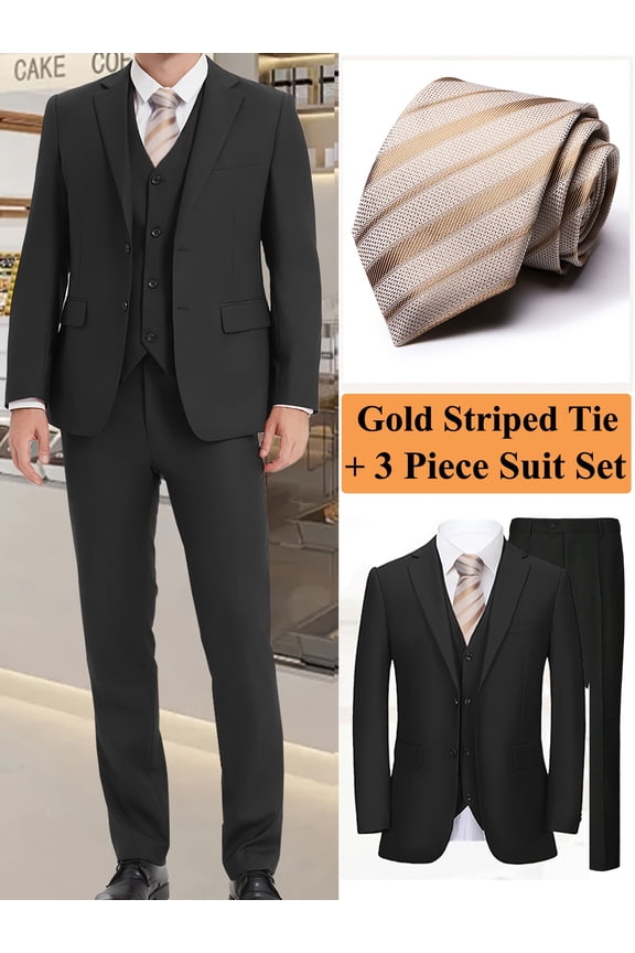 Men's Business Suit Set - Elegant Two Button Lapel Jacket, Vest, Pants & Golden Striped Tie, Solid Color Suits for Weddings and Formal Events Holiday Gifts