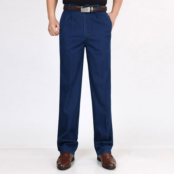 Men's Business Trousers High Waist Straight Dress Pants Double Pleated Cotton Casual Pants