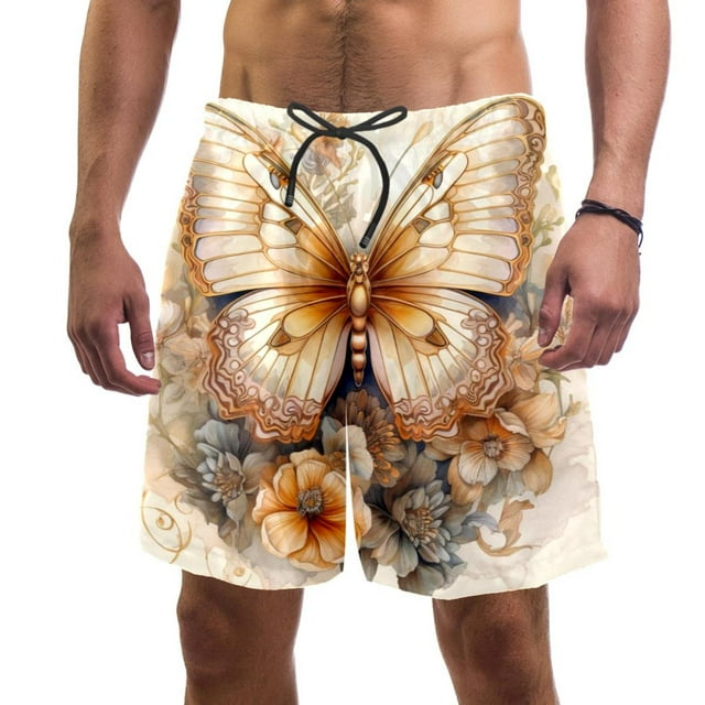 Mens Butterfly Florals Swim Trunks Quick Dry Board Shorts Bathing