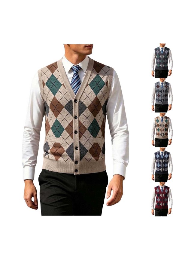 Men's Button Down Argyle Sweater Vest Classic V Neck Cardigan Knit Sleeveless Jacket with pockets for Business Casual Office Wear, Khaki, XL
