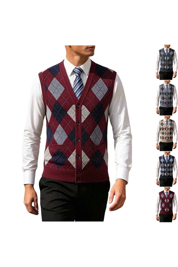 Men's Button Down Argyle Sweater Vest Classic V Neck Cardigan Knit Sleeveless Jacket with pockets for Business Casual Office Wear, Wine, L