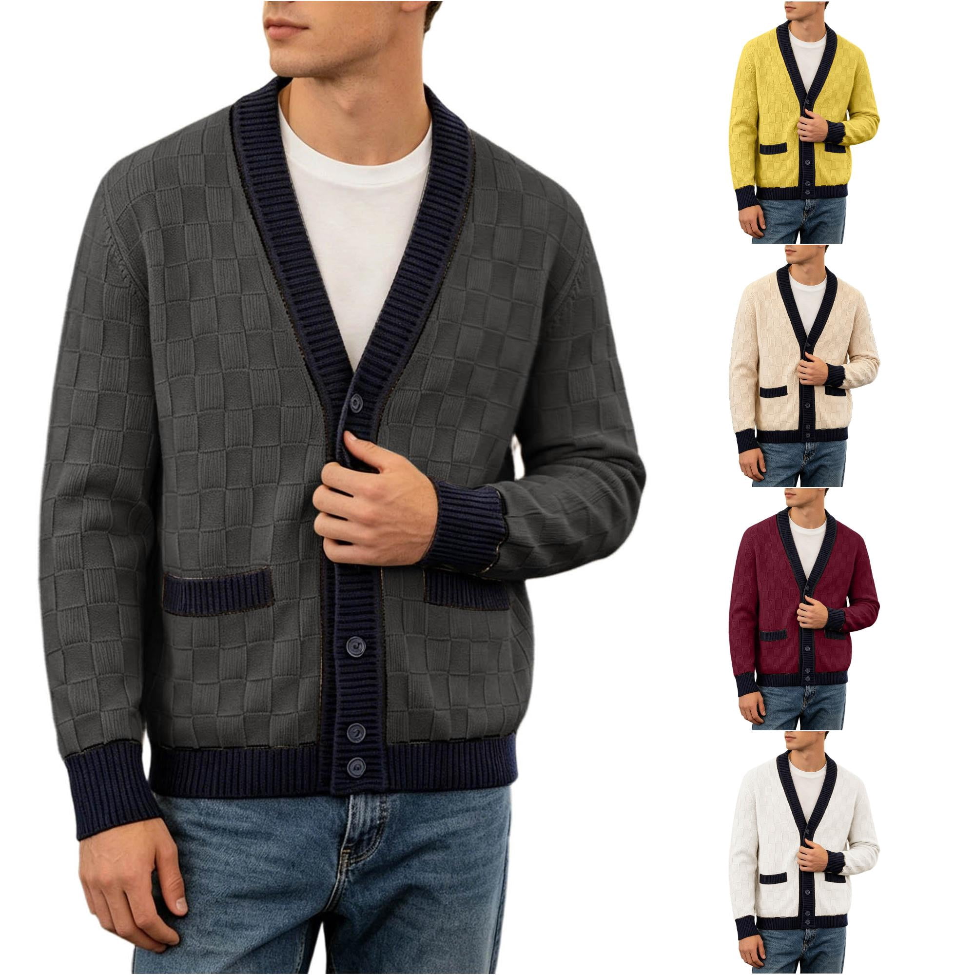 Atum Pattern Men's Button Down Cardigan, V-Neck Knit Sweater with Textured Pattern ...