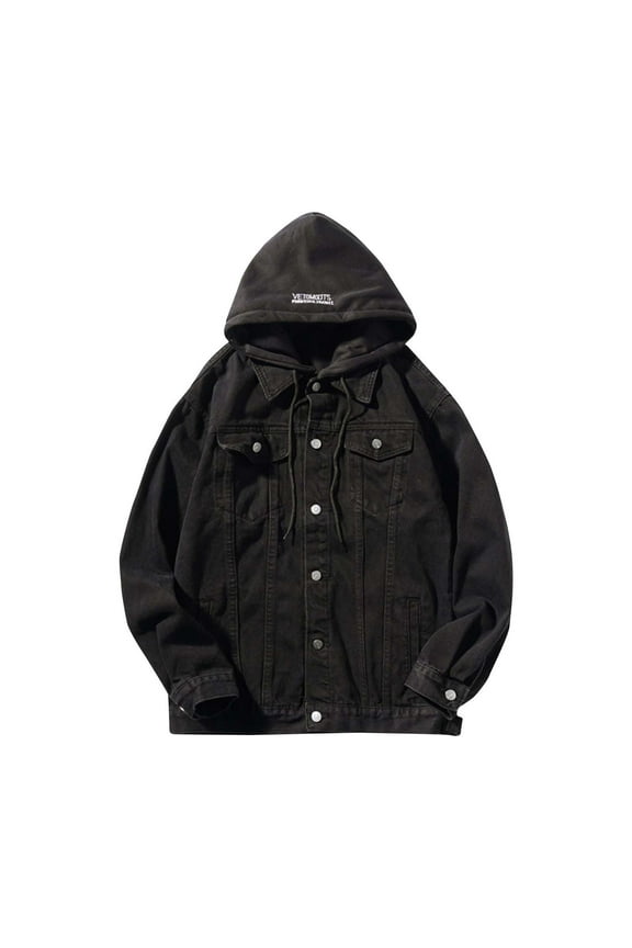 Men's Button Down Denim Jackets with Hood, Loose Fit Casual Long Sleeve Hooded Outerwear with Pockets