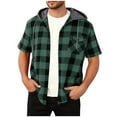thumbnail image 1 of Men's Button Down Hoodie Short Sleeve Plaid Shirt Shackets Chest Pocket Drawstring Colorblock Hooded Tops (2XL, Gray Hood #A), 1 of 7