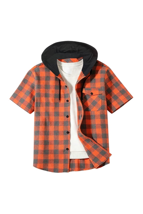 Men's Button Down Hoodie Short Sleeve Plaid Shirt Shackets Chest Pocket Drawstring Colorblock Hooded Tops (2XL, Orange)
