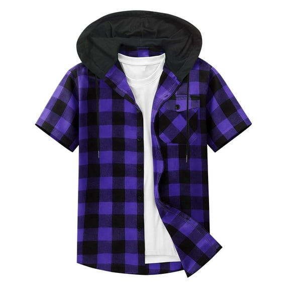 Men's Button Down Hoodie Short Sleeve Plaid Shirt Shackets Chest Pocket Drawstring Colorblock Hooded Tops (S, Purple)