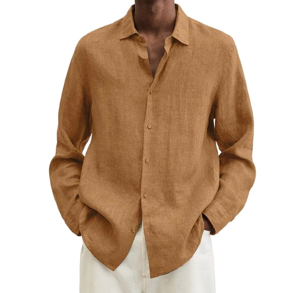 Men's Button-Down Linen Cotton Blend Long Sleeve Casual Shirt, Loose Fit Top for Business Casual and Outdoor,Ginger,L