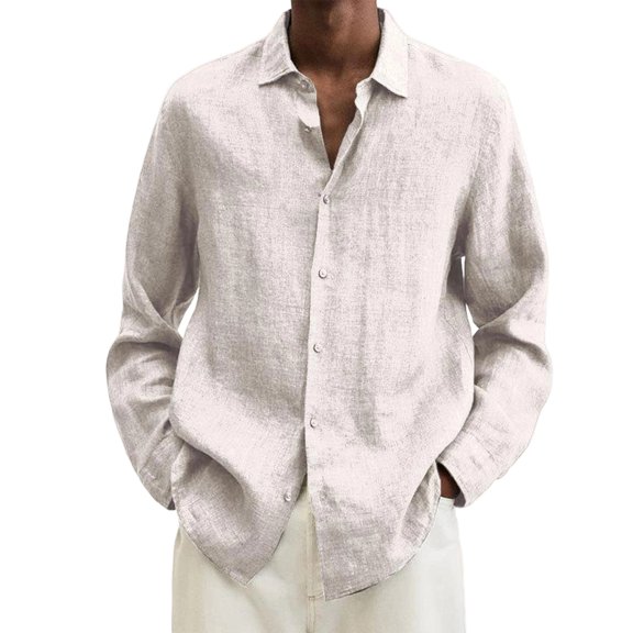 Men's Button-Down Linen Cotton Blend Long Sleeve Casual Shirt, Loose Fit Top for Business Casual and Outdoor,White,M