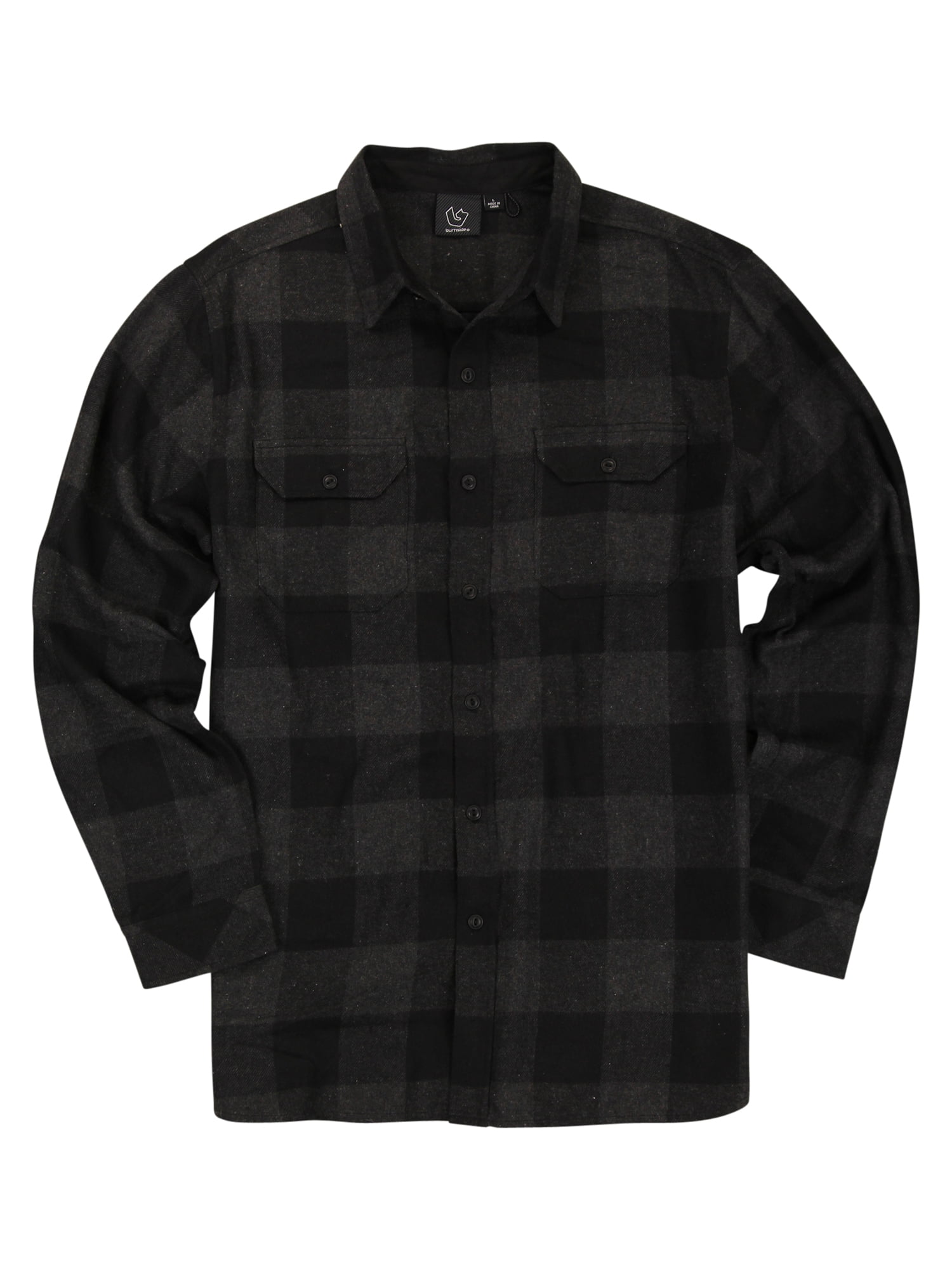 Men's Button Down Long Sleeve Flannel Shirt (Black, Large) (BW8281)