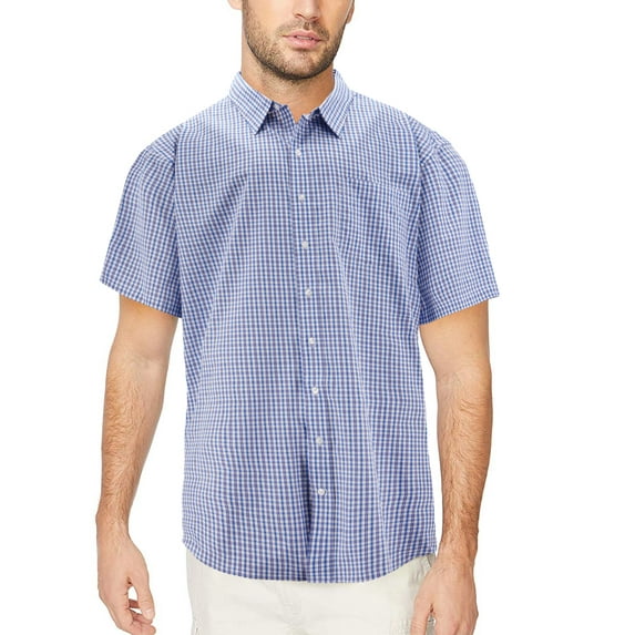 Men's Button Down Plaid Checkered Short Sleeve Regular Fit Casual Dress Shirt (Blue, 2XL)