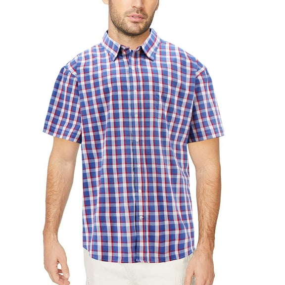 Men's Button Down Plaid Checkered Short Sleeve Regular Fit Casual Dress Shirt (Red/Blue, 3XL)