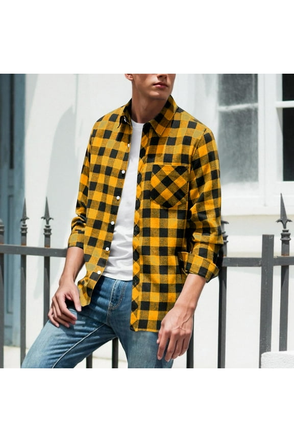Men's Button Down Plaid Shirts Long Sleeve Flannel Shirt Jacket Spring Fall Casual Outerwear with Chest Pocket (L, Yellow)