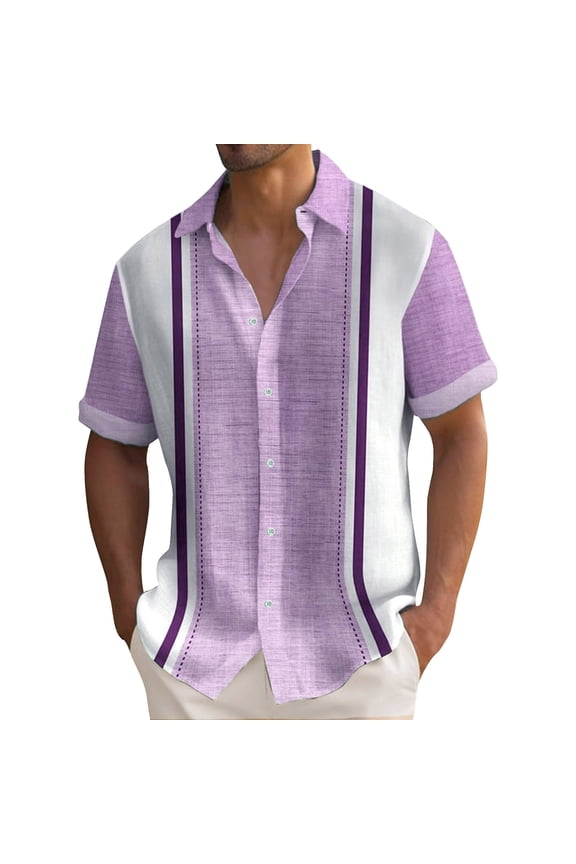 Men's Button Down Relaxed Fit Shirts Short Sleeve Cuban Guayabera Color Block Tops Summer Vacation Beach Shirt