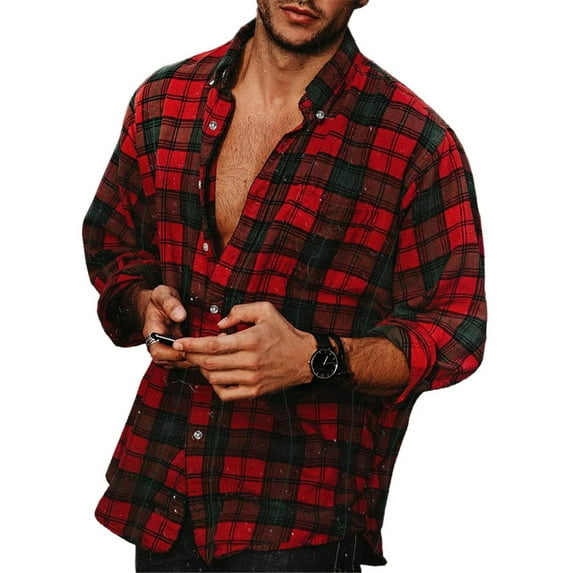 Men's Button Down Shirt Casual Flannel Plaid Slim Fit Long Sleeve Spread Collar Lightweight Top Red L