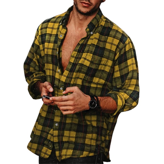 Men's Button Down Shirt Casual Flannel Plaid Slim Fit Long Sleeve Spread Collar Lightweight Top Yellow M