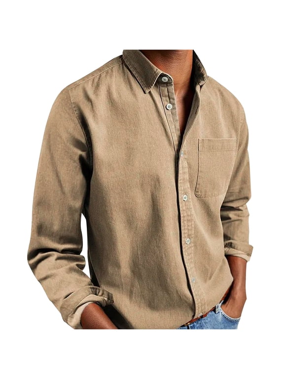 Men's Button Down Shirt Casual Solid Color Long Sleeve Shirts Loose Fit Lightweight Wrinkle Free Beach Shirt with Pockets
