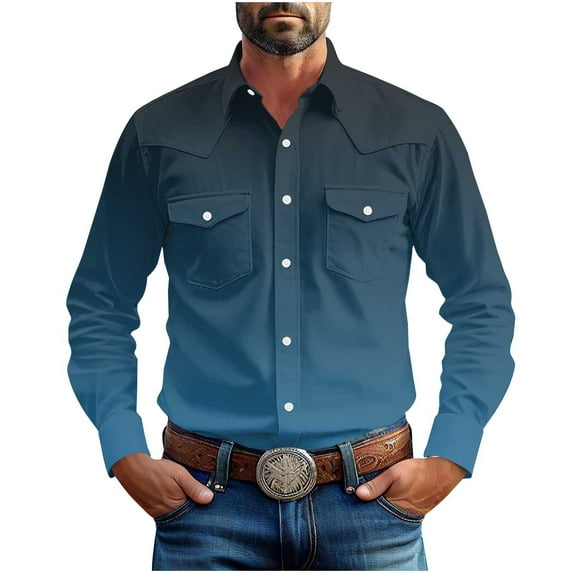 Men's Button Down Shirt Gradient Color Wrinkle Free Shirts Long Sleeve Cotton Work Shirts with Two Pockets