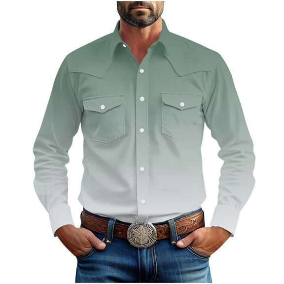 Men's Button Down Shirt Gradient Color Wrinkle Free Shirts Long Sleeve Cotton Work Shirts with Two Pockets