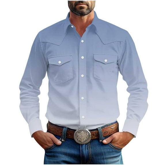 Men's Button Down Shirt Gradient Color Wrinkle Free Shirts Long Sleeve Cotton Work Shirts with Two Pockets