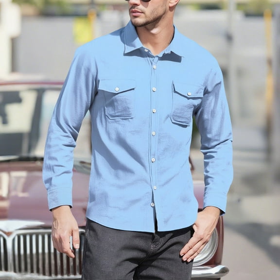 Men's Button Down Shirt Long Sleeve Casual Regular Fit Blouses Solid Color Trendy Formal Business Shirts with Pockets (3XL, Light blue)