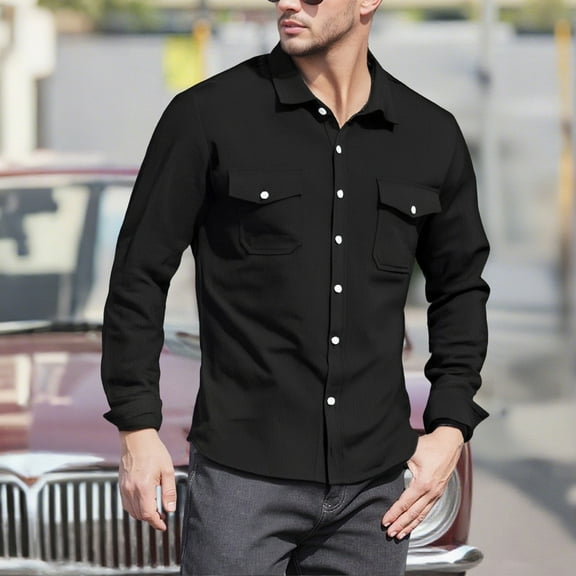 Men's Button Down Shirt Long Sleeve Casual Regular Fit Blouses Solid Color Trendy Formal Business Shirts with Pockets (S, Black)