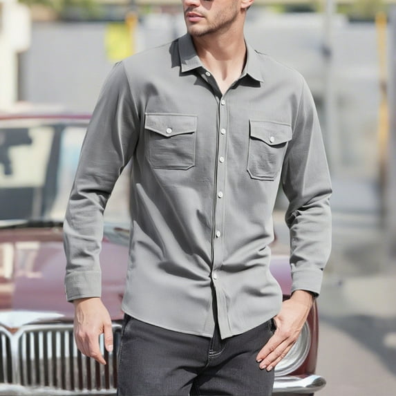 Men's Button Down Shirt Long Sleeve Casual Regular Fit Blouses Solid Color Trendy Formal Business Shirts with Pockets (XL, Gray)