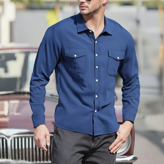 Men's Button Down Shirt Long Sleeve Casual Regular Fit Blouses Solid Color Trendy Formal Business Shirts with Pockets (XL, Navy)