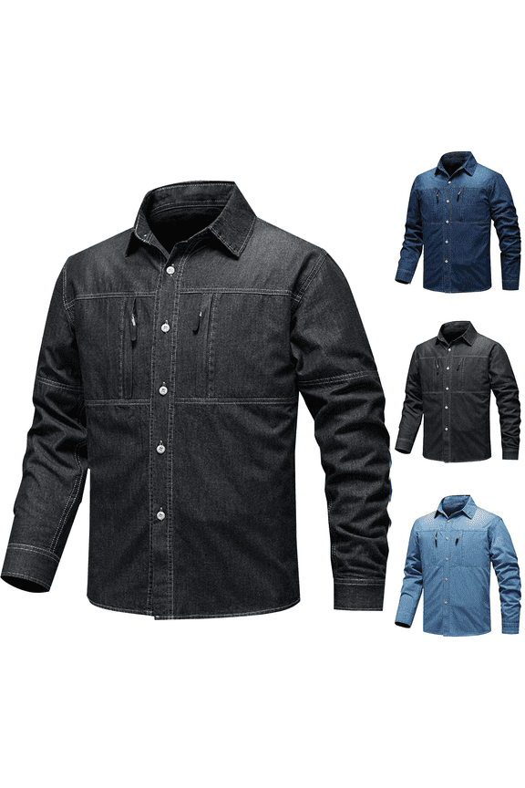 Men's Button Down Shirt Long Sleeve Denim Work Shirts Stretch Comfort Casual Shirt with Zipper Pockets for Outdoor Daily