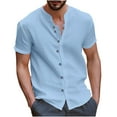 thumbnail image 1 of Men's Button Down Shirt Short Sleeve Casual Button Up Beach Summer Shirts Banded Collar, M-3XL Light Blue XL, 1 of 6