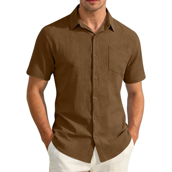 Men's Button Down Shirt Short Sleeve Cotton Casual Summer Shirts Textured Beach Vacation Solid Color Shirts for Men, XL