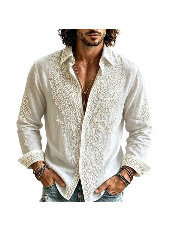 Men's Button Down Shirt Vintage Floral Long Sleeve Boho Casual Resort Wear Tops
