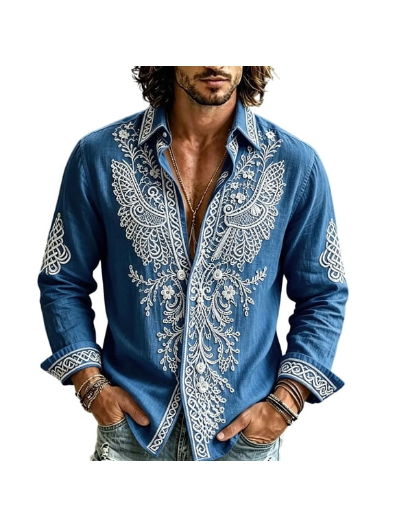 Men's Button Down Shirt Vintage Floral Long Sleeve Boho Casual Resort Wear Tops