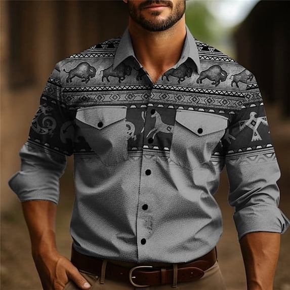 Men's Button-Down Shirt Western Spring Fall Retro Loose Casual Long Sleeve Top for Men Gray 3XL