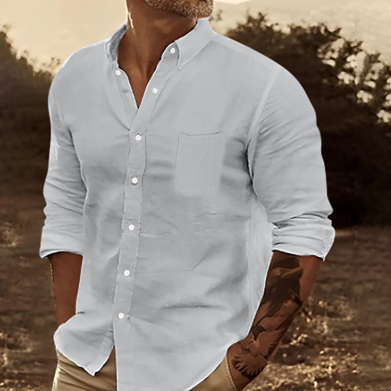 Sleeve Button Men's Button Down Shirts Basic Roll-Up Sleeve Turndown Collar Dress ...