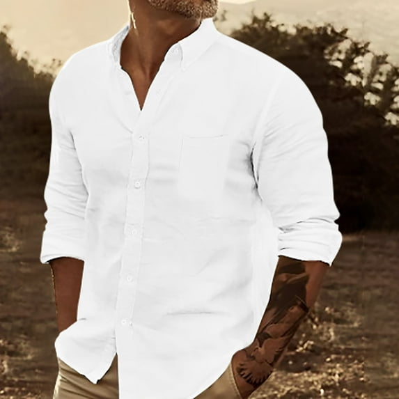 Men's Button Down Shirts Basic Roll-Up Sleeve Turndown Collar Dress Shirts Regular-Fit Solid Slim Blouse Tops