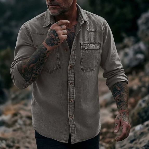 Men's Button Down Shirts Black Big and Tall Long Sleeve Solid Turndown Collar Casual Button Front Zipper Blouse