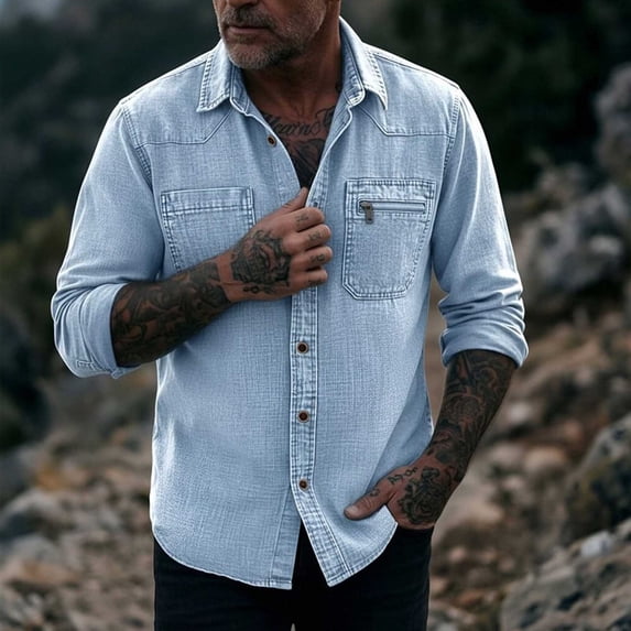 Men's Button Down Shirts Black Big and Tall Long Sleeve Solid Turndown Collar Casual Button Front Zipper Blouse