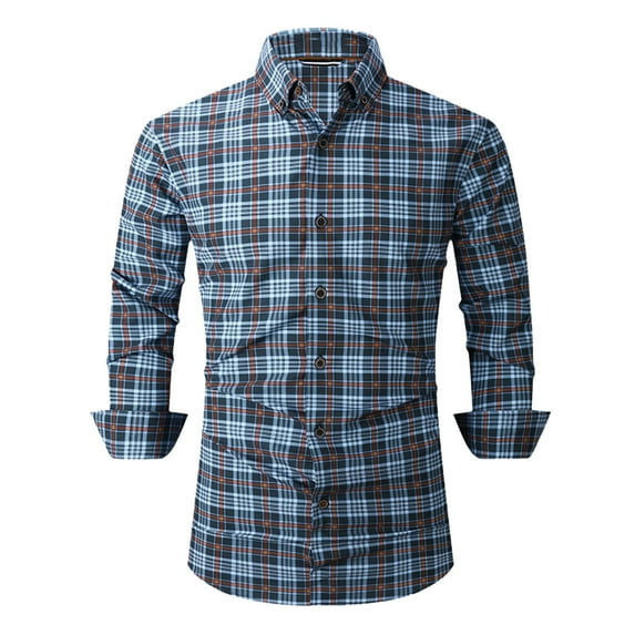 Men's Button Down Shirts Breathable Collar Button Up Workwear Plaid Long Sleeve Boat Neck Basic Active Tops Lightweight Shirts for Men,Navy,L
