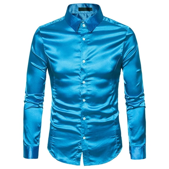 Men's Button Down Shirts Long Sleeve Shirt Slim Fit Soft Satin Silky Casual Party Performance Special Occasion Blue X-Large