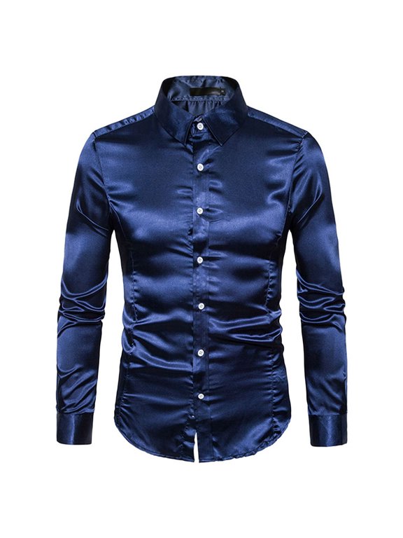 Men's Button Down Shirts Long Sleeve Shirt Slim Fit Soft Satin Silky Casual Party Performance Special Occasion Navy X-Small