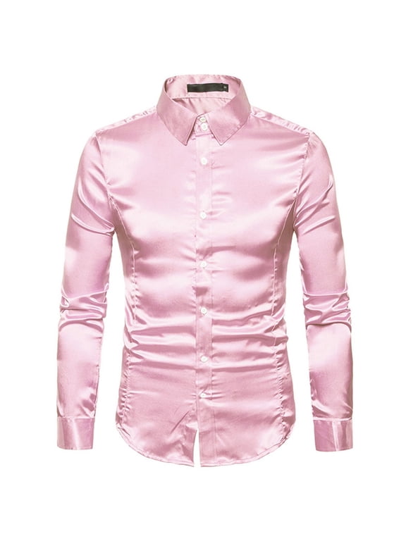 Men's Button Down Shirts Long Sleeve Shirt Slim Fit Soft Satin Silky Casual Party Performance Special Occasion Pink X-Small
