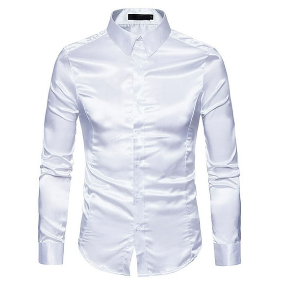Men's Button Down Shirts Long Sleeve Shirt Slim Fit Soft Satin Silky Casual Party Performance Special Occasion White Large