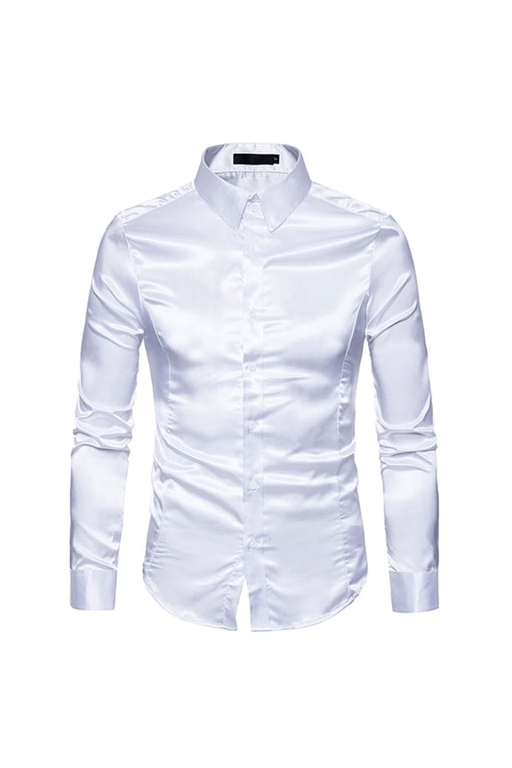Men's Button Down Shirts Long Sleeve Shirt Slim Fit Soft Satin Silky Casual Party Performance Special Occasion White Medium