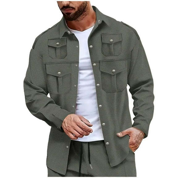 Men's Button Down Shirts Long Sleeved Lapel Jacket Tops Fall Spring Fashion Outfits with Multi Pockets Olive Green M
