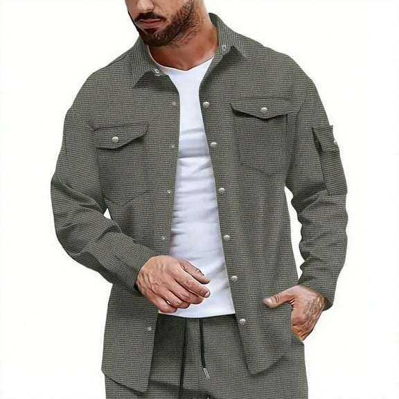 Men's Button Down Shirts Long Sleeved Lapel Jacket Tops Fall Spring Fashion Outfits with Pockets Olive Green L