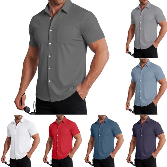 Men's Button Down Shirts Short Sleeve Regular Fit Solid Color Casual Shirt Summer Fashion Business Dress Shirts Gray L