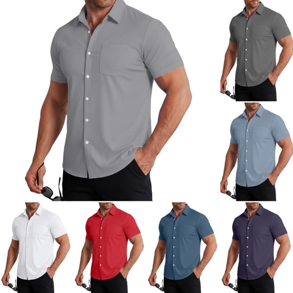 Men's Button Down Shirts Short Sleeve Regular Fit Solid Color Casual Shirt Summer Fashion Business Dress Shirts Light Gray 2XL