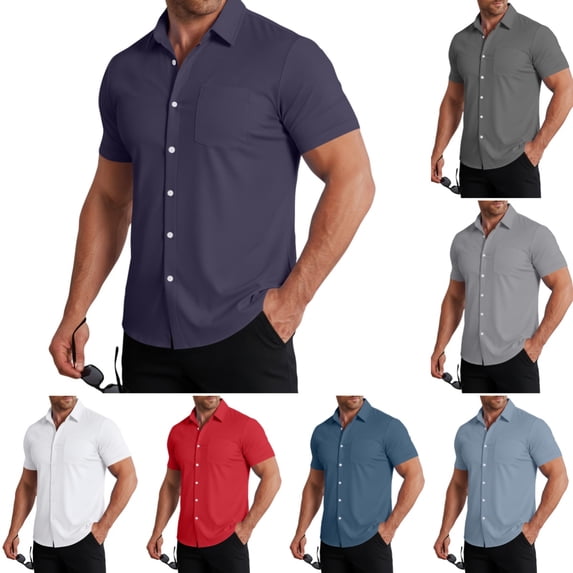 Men's Button Down Shirts Short Sleeve Regular Fit Solid Color Casual Shirt Summer Fashion Business Dress Shirts Purple 2XL